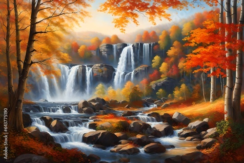 A hyper-realistic waterfall in autumn, viewed from atop a hill