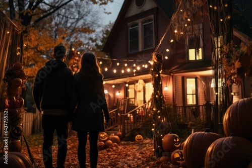 Young couple near halloween decorated house, back view. AI generated