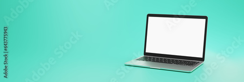 Widescreen picture of a modern notebook with transparent screen for compositing in front of mint green background