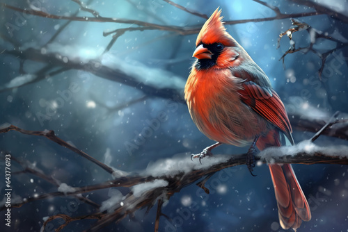 Beautiful red northern cardinal bird sitting on a snowy branch in thewinter forest © britaseifert