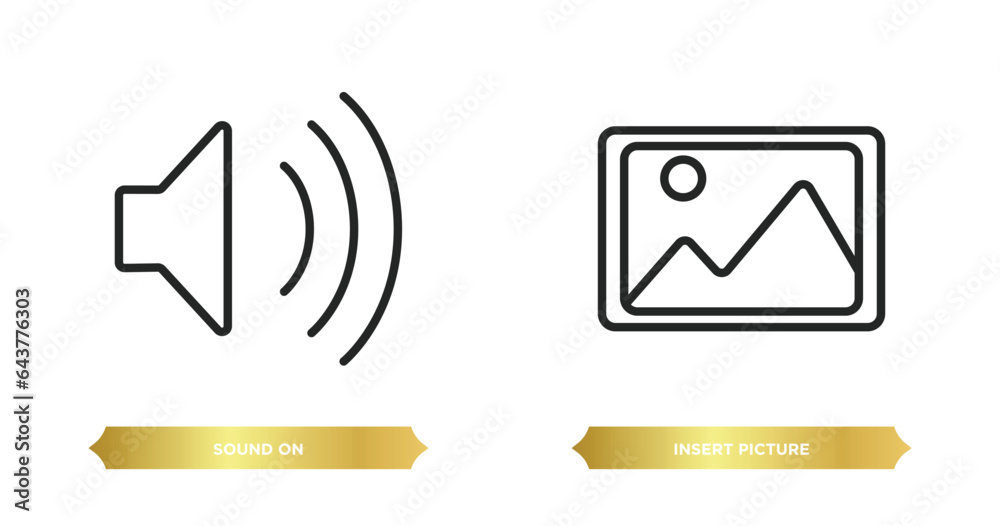 two editable outline icons from user interface concept. thin line icons such as sound on, insert picture vector. two editable outline icons from user interface concept. thin line icons such as sound on, insert picture vector.