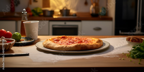 Delicious pizza with tomato sauce and cheese on white plate on a table in the kitchen 