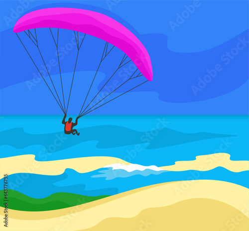 Parachute. Man fliying on parachute over the sea and huge sandy dune. Paragliding concept.