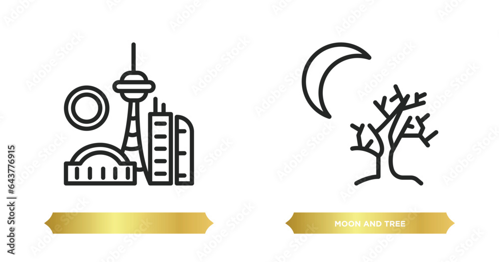 two editable outline icons from travel concept. thin line icons such as , moon and tree vector. two editable outline icons from travel concept. thin line icons such as , moon and tree vector.