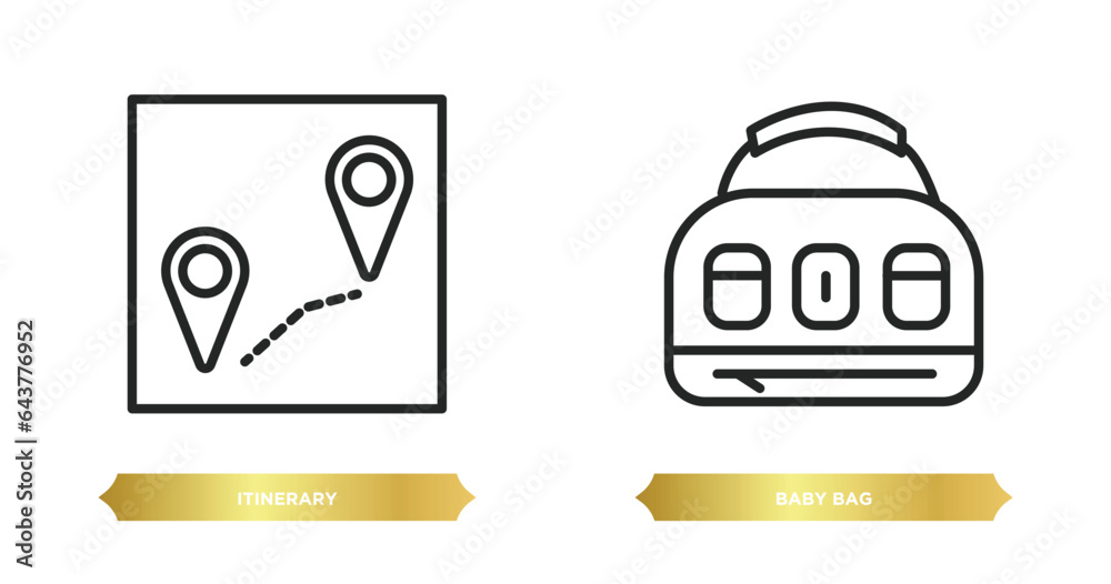 two editable outline icons from travel concept. thin line icons such as itinerary, baby bag vector. two editable outline icons from travel concept. thin line icons such as itinerary, baby bag vector.