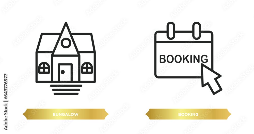 two editable outline icons from travel concept. thin line icons such as bungalow, booking vector. two editable outline icons from travel concept. thin line icons such as bungalow, booking vector.