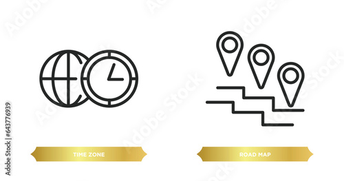 two editable outline icons from travel concept. thin line icons such as time zone, road map vector.