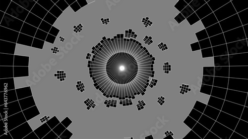Circle destroyed tunnel with hole and particles. Wireframe grid box, network connection technology. Futuristic portal pattern. Vector illustration.