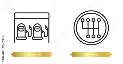 two editable outline icons from transport concept. thin line icons such as petrol station, gearshift vector.