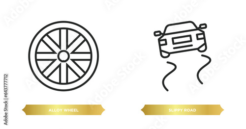 two editable outline icons from transport concept. thin line icons such as alloy wheel, slippy road vector.