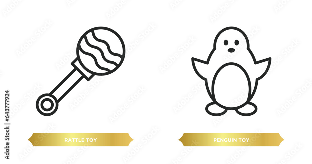 two editable outline icons from toys concept. thin line icons such as rattle toy, penguin toy vector. two editable outline icons from toys concept. thin line icons such as rattle toy, penguin toy vector.