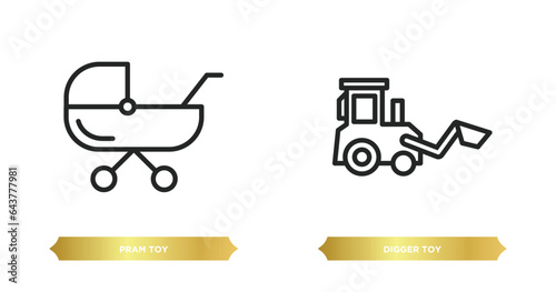 two editable outline icons from toys concept. thin line icons such as pram toy, digger toy vector.