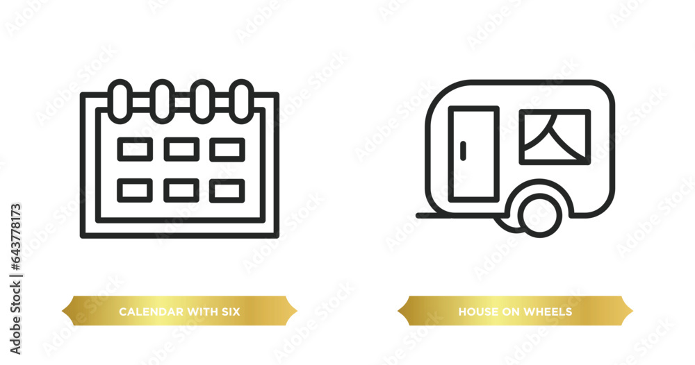 two editable outline icons from tools and utensils concept. thin line icons such as calendar with six days, house on wheels vector. two editable outline icons from tools and utensils concept. thin line icons such as calendar with six days, house on wheels vector.