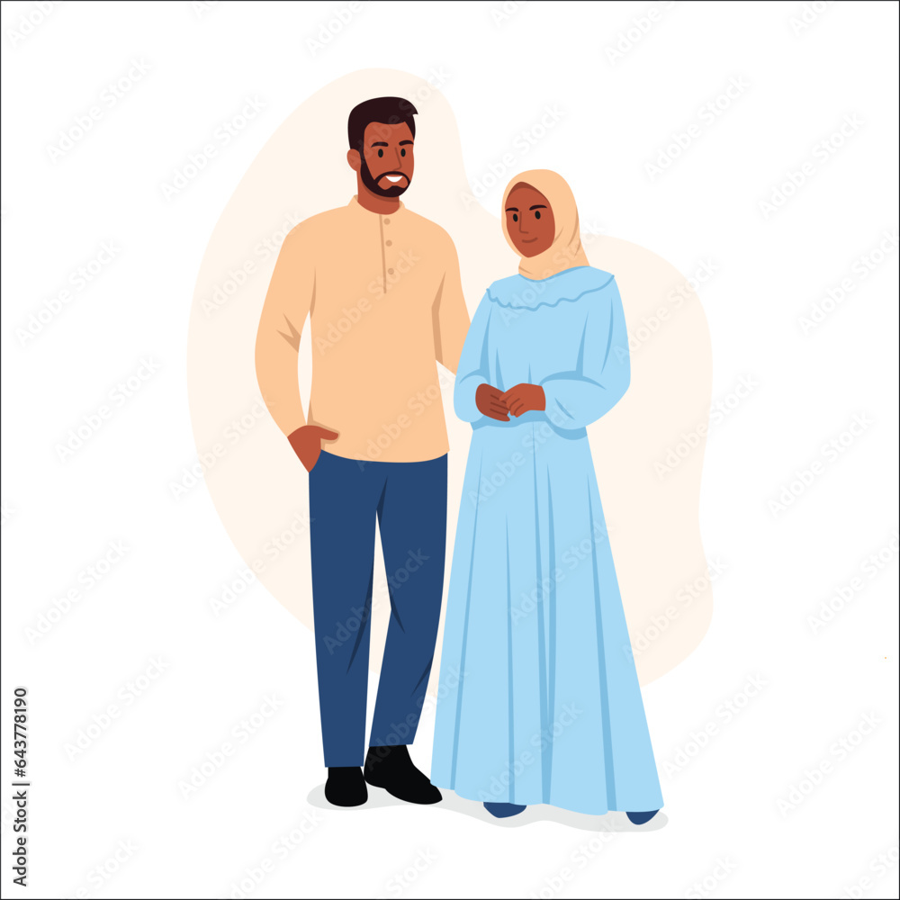 Vector illustration of a happy Muslim family, man and woman isolated on white background. Cartoon scene of handsome and smiling, tanned Muslim men with beards and women dressed in traditional clothes. Vector illustration of a happy Muslim family, man and woman isolated on white background. Cartoon scene of handsome and smiling, tanned Muslim men with beards and women dressed in traditional clothes.