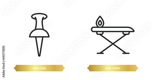 two editable outline icons from tools and utensils concept. thin line icons such as push pins, iron table vector.