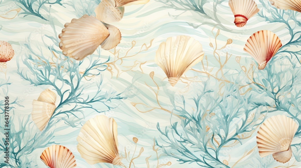  a pattern of seashells and corals on a blue background.  generative ai