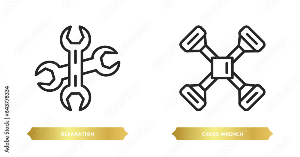 two editable outline icons from tools and utensils concept. thin line icons such as reparation, cross wrench vector. two editable outline icons from tools and utensils concept. thin line icons such as reparation, cross wrench vector.