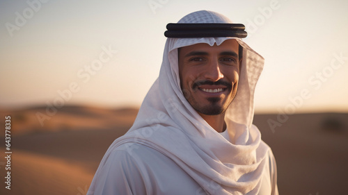30 year old saudi man standing in desert, confident smile, facing camera, soft morning light.