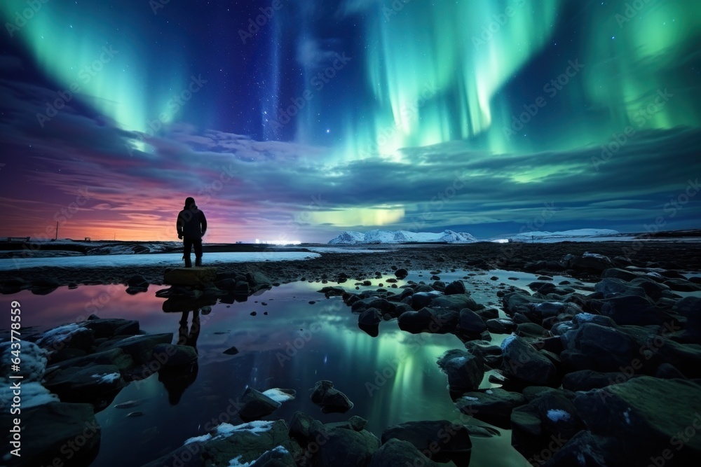 silhouette of a man on the background of the northern lights.reflection in water