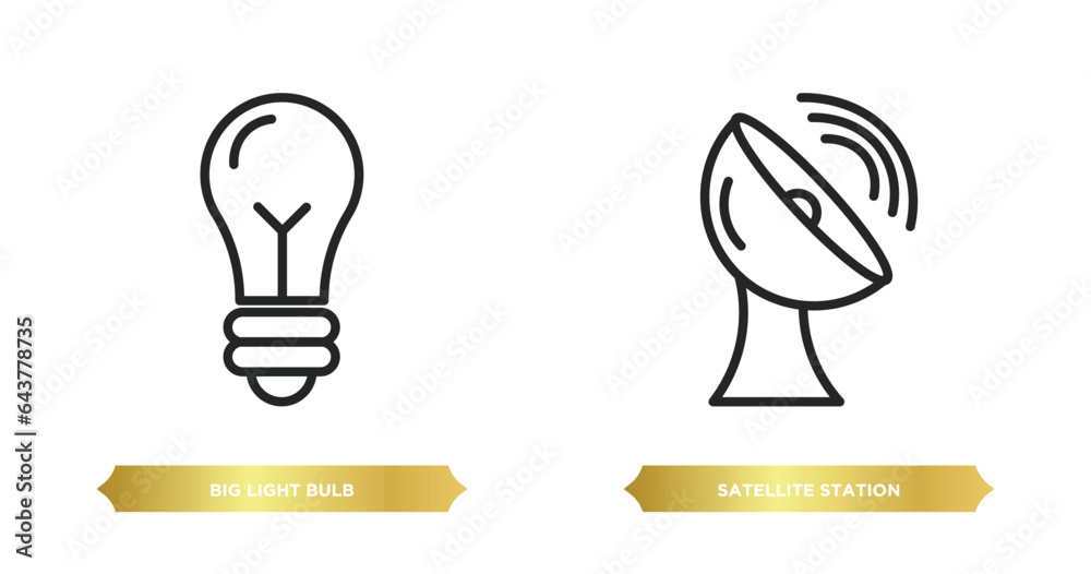 two editable outline icons from technology concept. thin line icons such as big light bulb, satellite station vector. two editable outline icons from technology concept. thin line icons such as big light bulb, satellite station vector.