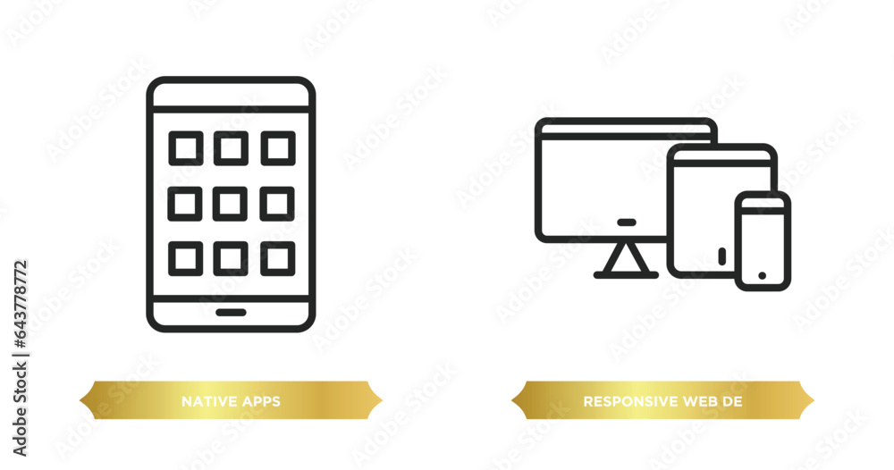 two editable outline icons from technology concept. thin line icons such as native apps, responsive web de vector. two editable outline icons from technology concept. thin line icons such as native apps, responsive web de vector.
