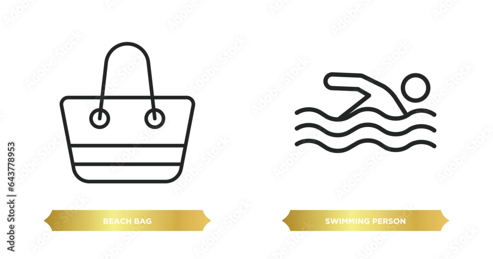 two editable outline icons from summer concept. thin line icons such as beach bag, swimming person vector. two editable outline icons from summer concept. thin line icons such as beach bag, swimming person vector.