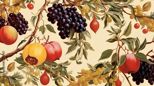  a painting of a bunch of fruit hanging from a tree. generative ai