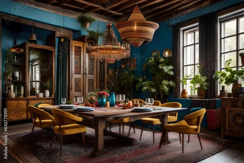 a bohemian dining room with eclectic decor and colorful textiles