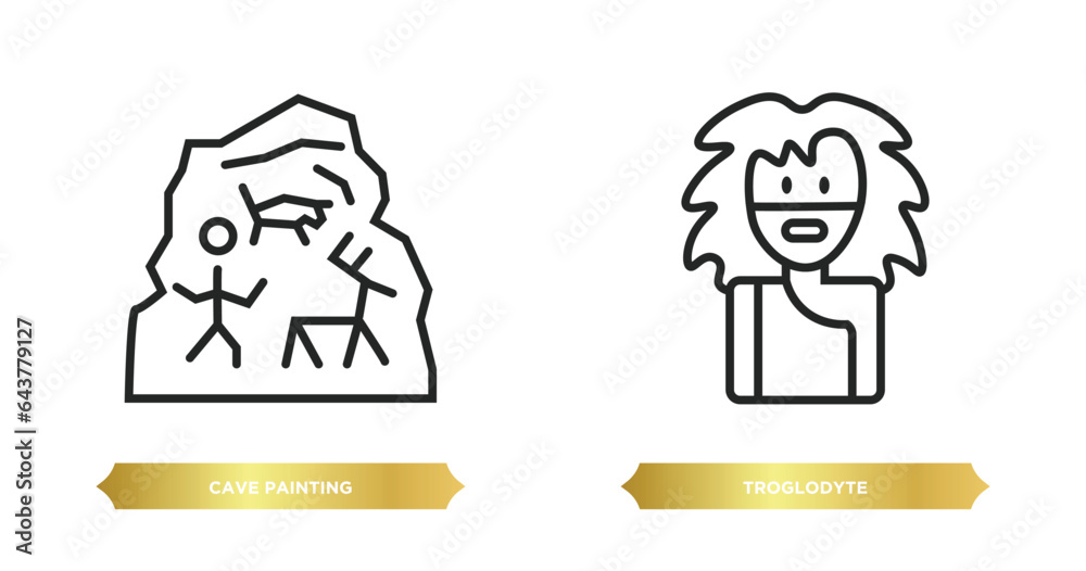 two editable outline icons from stone age concept. thin line icons such as cave painting, troglodyte vector. two editable outline icons from stone age concept. thin line icons such as cave painting, troglodyte vector.