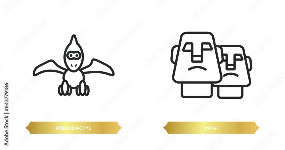 two editable outline icons from stone age concept. thin line icons such as pterodactyl, moai vector. two editable outline icons from stone age concept. thin line icons such as pterodactyl, moai vector.