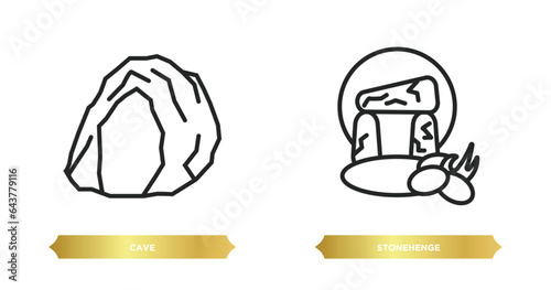 two editable outline icons from stone age concept. thin line icons such as cave, stonehenge vector.
