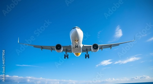 airplane in the blue sky, airplane in the sky, flying airplane in the air, close-up of a airplane