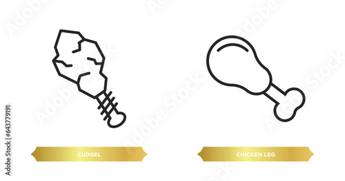 two editable outline icons from stone age concept. thin line icons such as cudgel, chicken leg vector.
