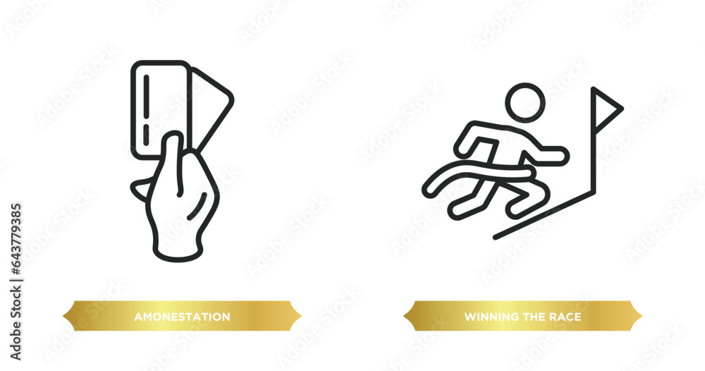 two editable outline icons from sports concept. thin line icons such as amonestation, winning the race vector. two editable outline icons from sports concept. thin line icons such as amonestation, winning the race vector.