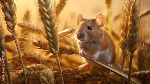 a field mouse in its natural habitat, nibbling on a crop of cereals. The scene portrays the delicate balance of nature and the mouse's resourcefulness.