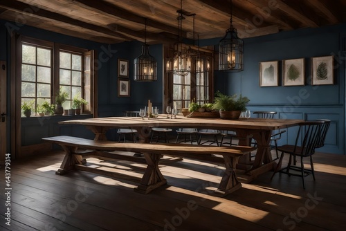 a rustic dining room witha farmhouse table © Humaira