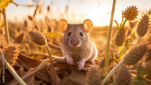 a field mouse in its natural habitat, nibbling on a crop of cereals. The scene portrays the delicate balance of nature and the mouse's resourcefulness. photo