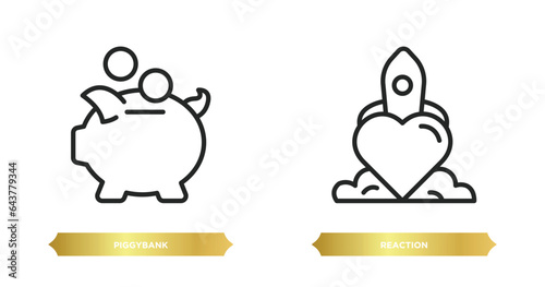 two editable outline icons from startup stategy and concept. thin line icons such as piggybank, reaction vector.