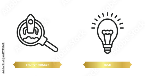 two editable outline icons from startup stategy and concept. thin line icons such as startup project search, bulb vector.