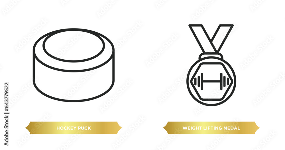 two editable outline icons from sports concept. thin line icons such as hockey puck, weight lifting medal vector. two editable outline icons from sports concept. thin line icons such as hockey puck, weight lifting medal vector.