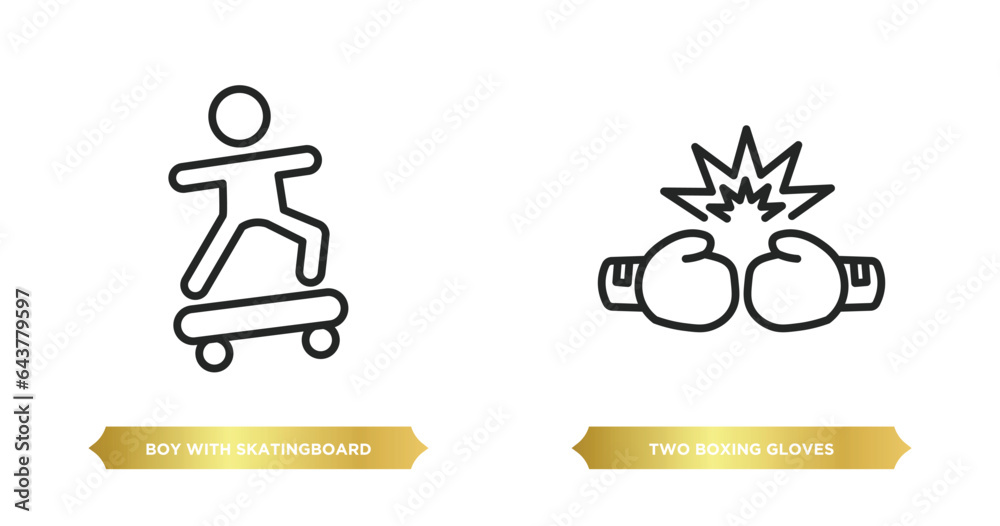 two editable outline icons from sports concept. thin line icons such as boy with skatingboard, two boxing gloves vector. two editable outline icons from sports concept. thin line icons such as boy with skatingboard, two boxing gloves vector.