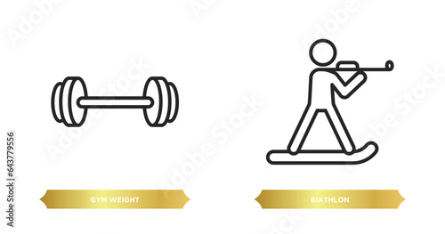 two editable outline icons from sports concept. thin line icons such as gym weight, biathlon vector.