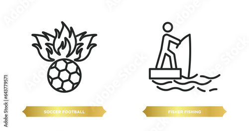 two editable outline icons from sports concept. thin line icons such as soccer football ball, fisher fishing vector.