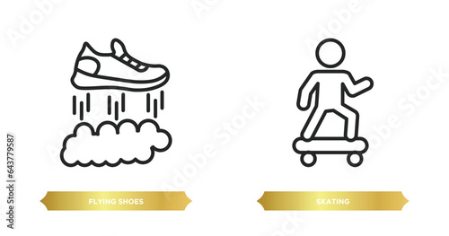 two editable outline icons from sports concept. thin line icons such as flying shoes, skating vector.