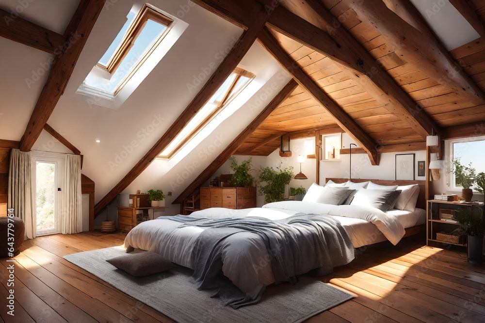 a cozy attic bedroom with sloped ceilings and skylights