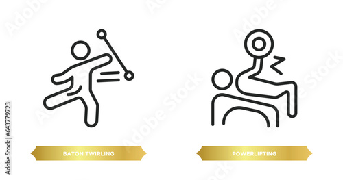 two editable outline icons from sport concept. thin line icons such as baton twirling, powerlifting vector.