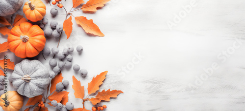 Autumn composition. Pumpkins, dried leaves and berries on pastel gray background. Autumn, fall, halloween concept. Flat lay, top view, square, copy space, digital ai
