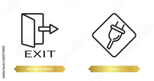 two editable outline icons from signs concept. thin line icons such as exit right arrow, plug vector.