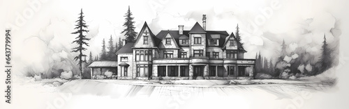 A black and white drawing sketch of a build by an architect