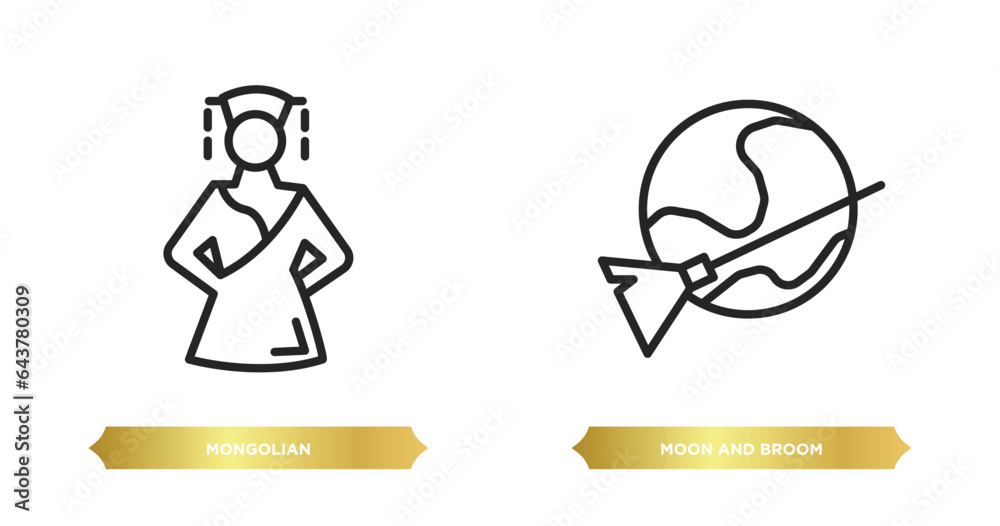 two editable outline icons from shapes concept. thin line icons such as mongolian, moon and broom vector. two editable outline icons from shapes concept. thin line icons such as mongolian, moon and broom vector.